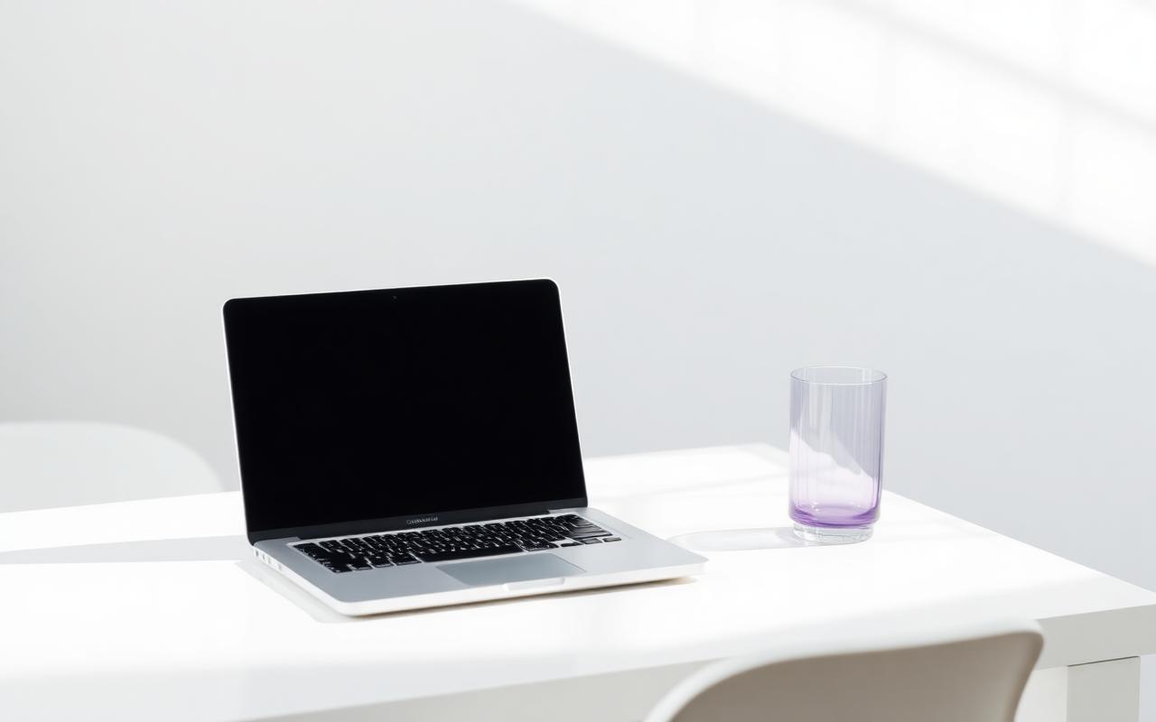 A laptop and a lilac glass on a bright white desk in daylight