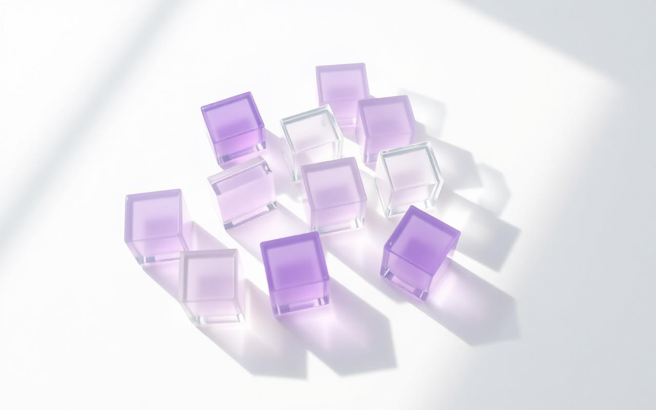 Frosted lilac glass blocks arranged on a bright white surface