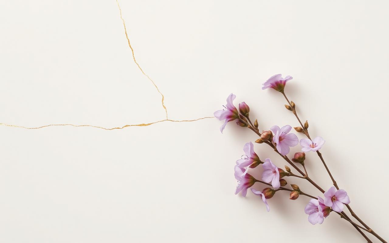 A fine gold repair line running across a cream surface beside lilac blossoms
