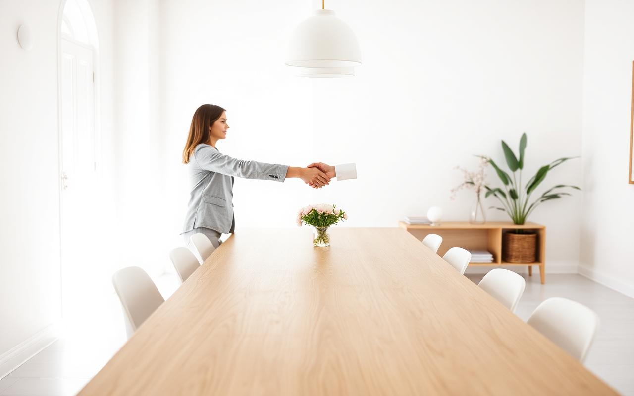 Two people shaking hands across a light wood table in a sunlit white room